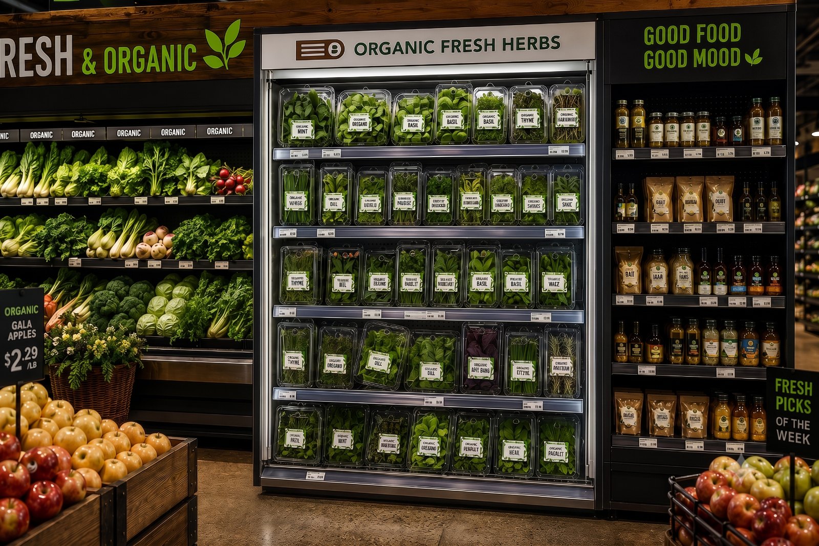 Organic fresh herbs cooler in a supermarket produce aisle